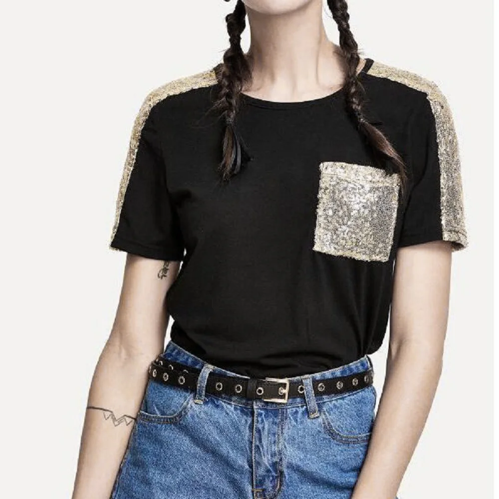 Sequined T Shirt Womens Pocket Tee Shirts Tops Mujer Fashion Black T-shirt Women Short Sleeve Summer Female Top | Женская одежда
