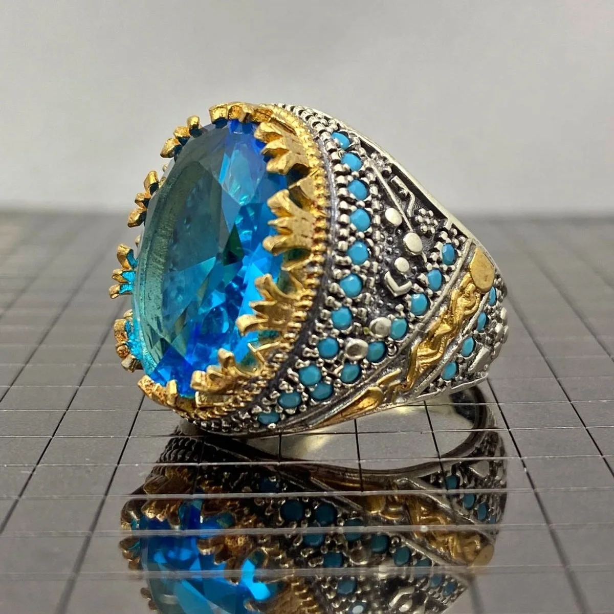 

Sterling silver 925 Turkish handmade jewelry aquamarine men's ring all sizes