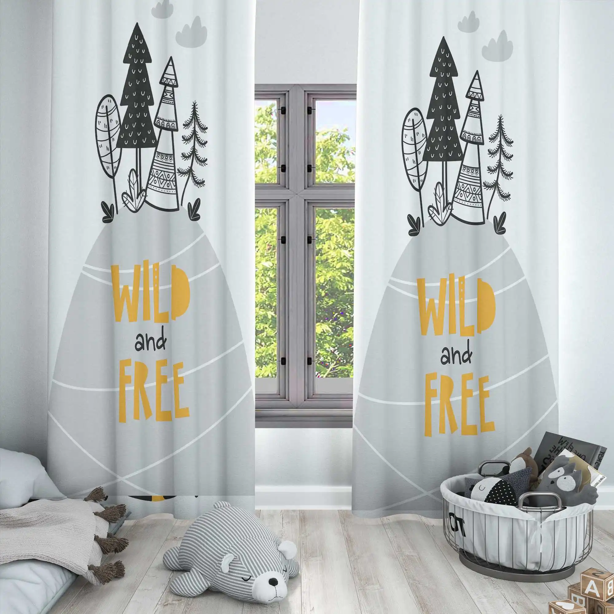 

Else Grey Black Trees Wild Free Nordic Scandinav 3d Print Kids Baby Children Window Panel Set Curtain Combine Gift Pillow Case
