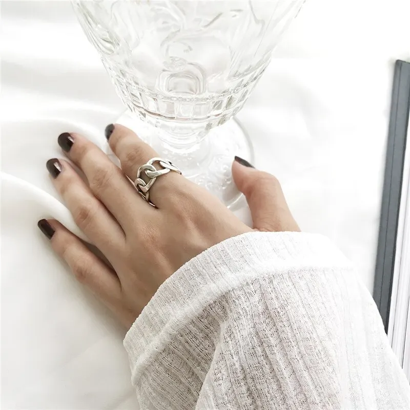 

A00963 Jazaz Punk Genuine 100% Sterling Silver Minimalist Hollow Cuban Chain Ring for Women Party Hophip Fine Jewelry Accessorie