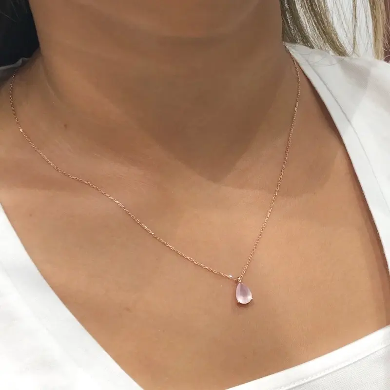 

Tiny Drop Pink Quartz Stone Salmon Color Silver Necklace