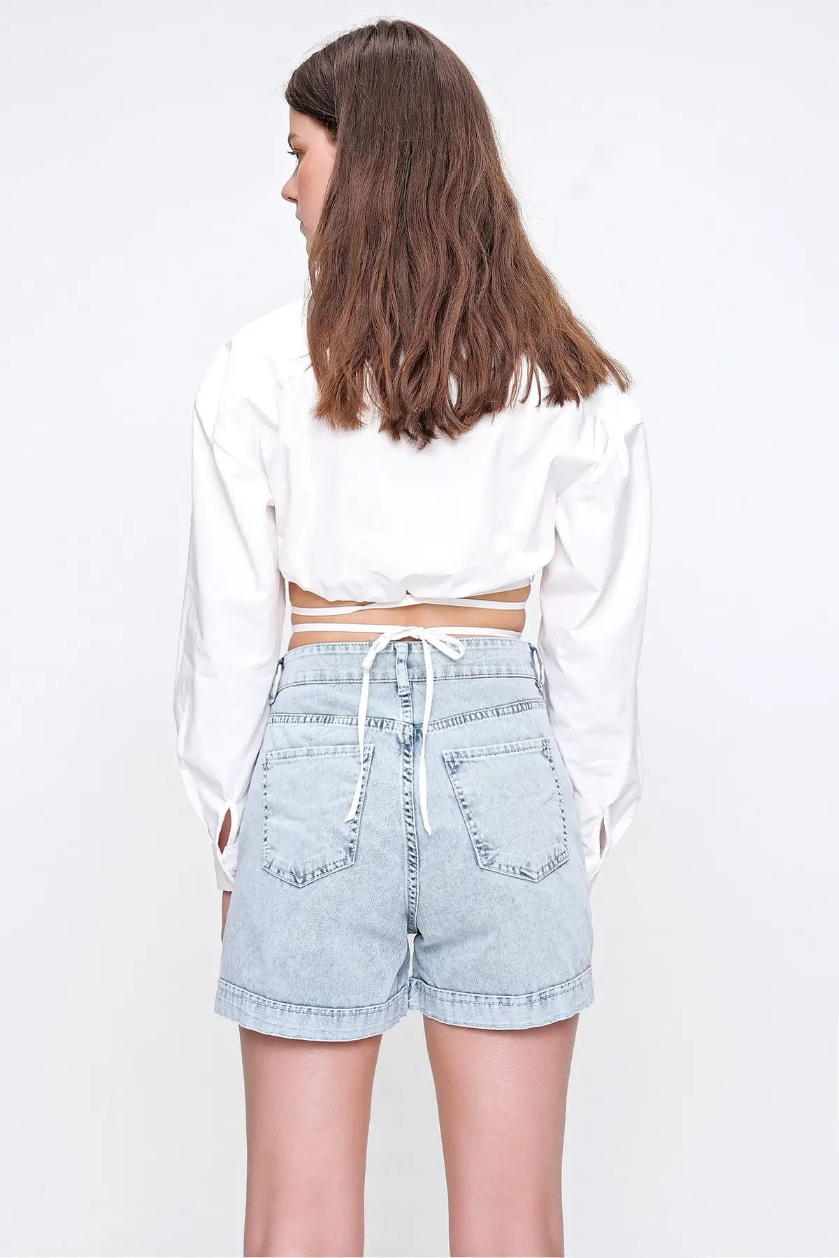 

Women's Blue Pale Effect Bol Cutout Denim Shorts