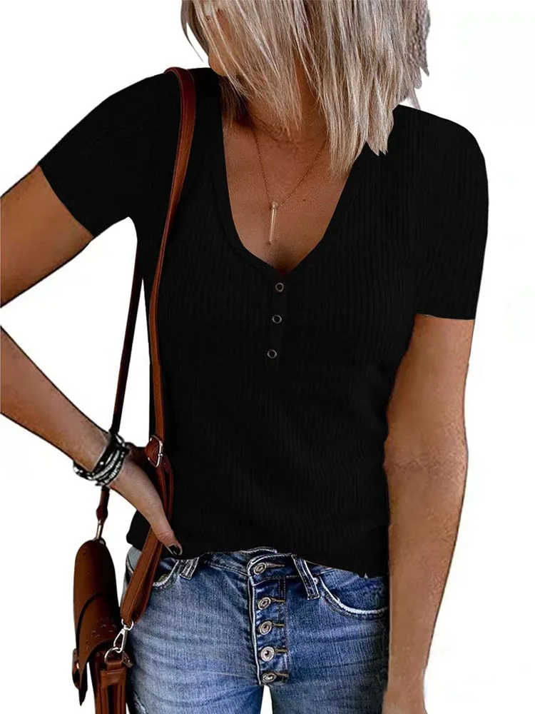 

Women's Short Sleeve Button V Neck Ribbed Shirts Top Summer Solid Color Casual Tee