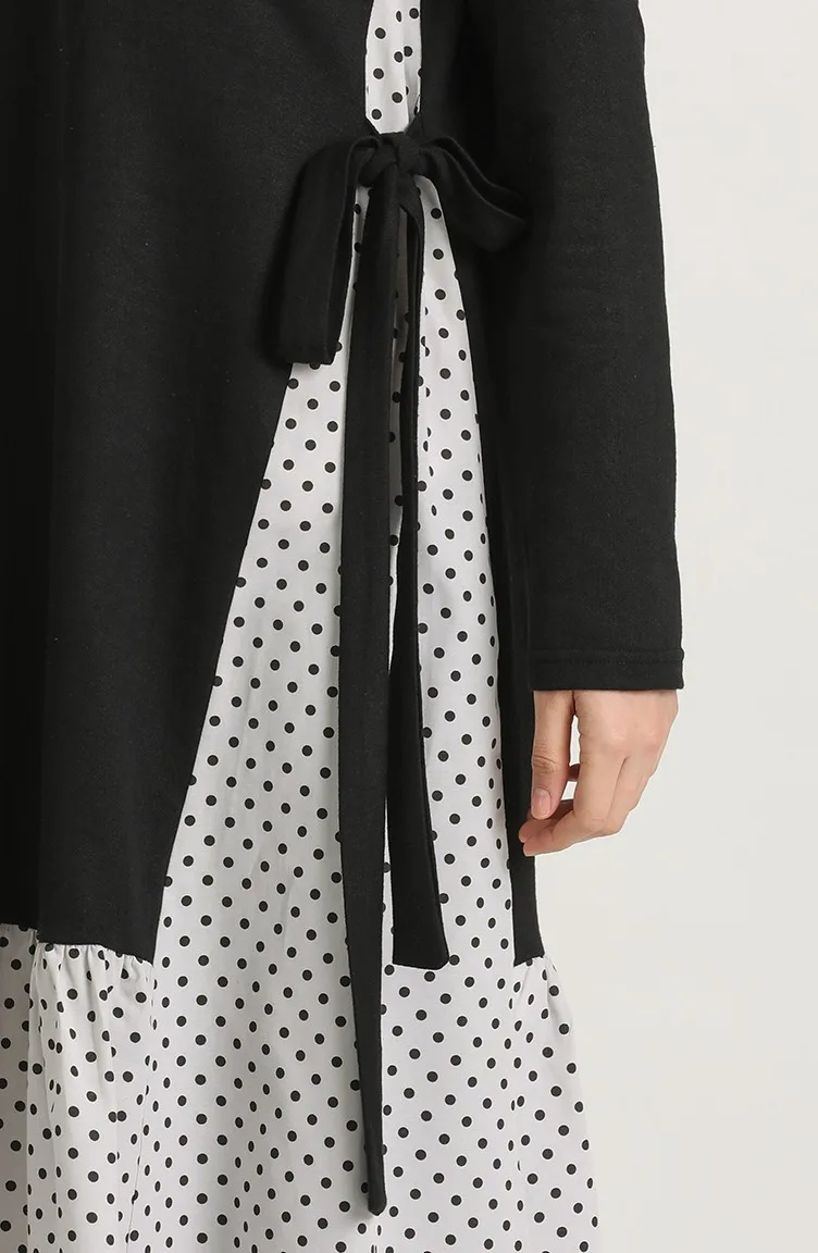 

Polka Dot Long Tunic With Garnish Rope Detailed Unlined Two Color Zero Collar Seasonal Women Muslim Fashion Hijab Clothing Daily