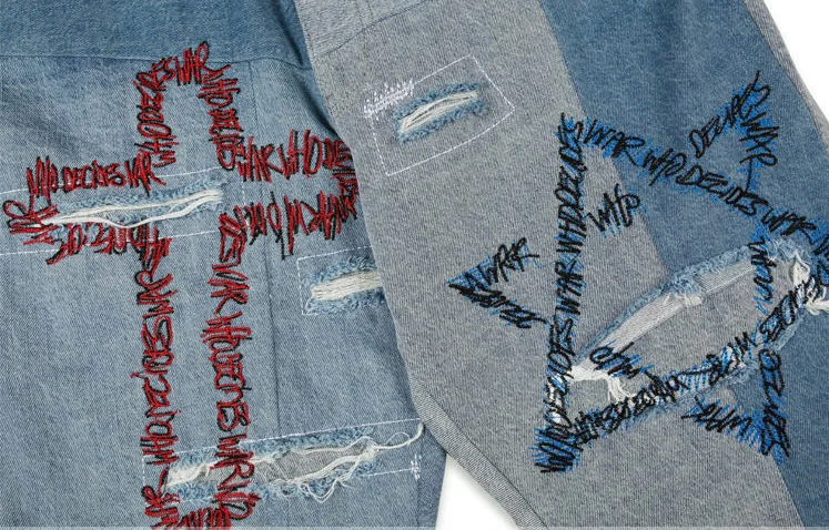 

Hip-hop Embroidery Graffiti Jeans Men Women 1:1 High Quality Hole Damage Washed Do old Denim Pants Slim Fit Jean who decides war