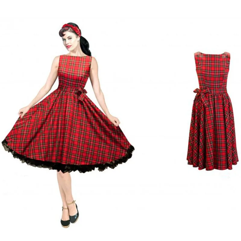 Red & Black Check 50s 60s 70s Audrey Hepburn Style Retro Rockabilly Cocktail Prom Vintage Dress, Slash Neckline, Free Shipping 