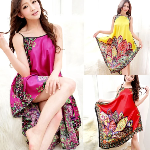 Sexy Women Imitated Silk Sleepwear Robes Dress Night Skirt Nighty Nightgowns Hot Color Rose Red Yellow