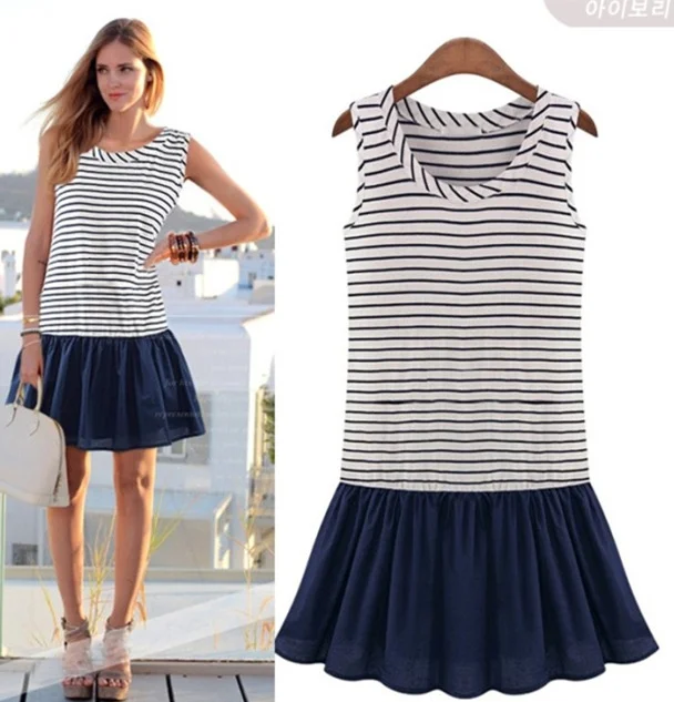 2014 Summer Fashion Women Sleeveless Striped Sailor Shirt Patchwork Chiffon Ruffles One-piece Dress Tops LSP1201 Free Shipping