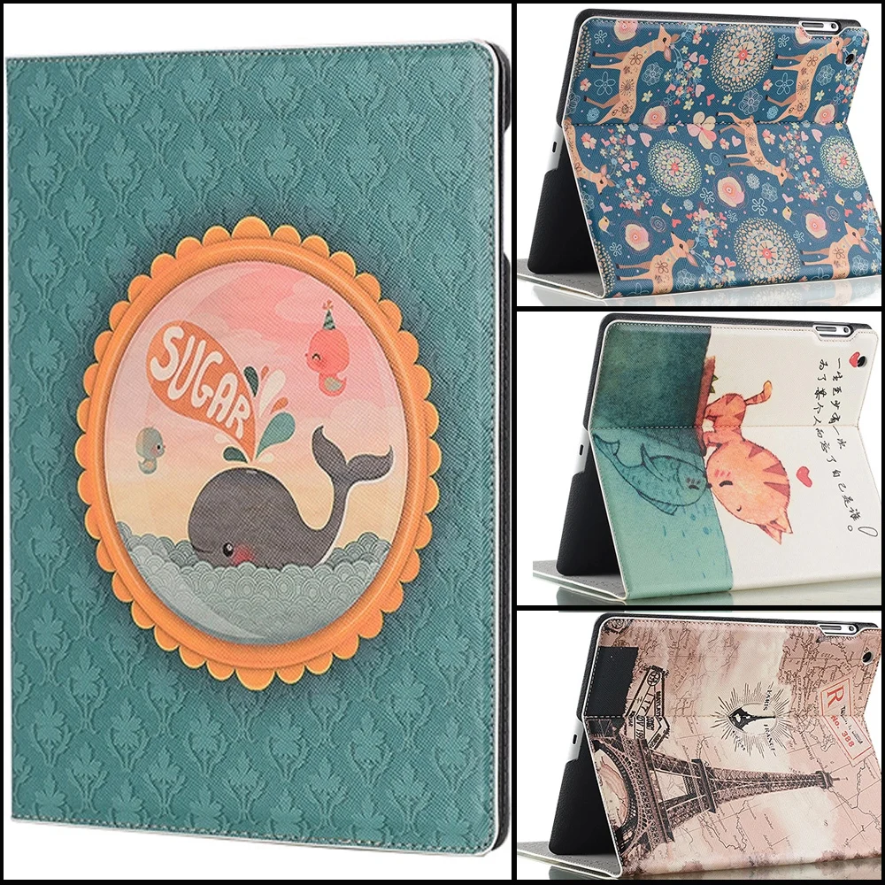 Cute Printing Pattern Case For iPad 2 3 4 PU Leather Stand Smart Cover With Automatic Sleep & Wake-Up Function Free Shipping