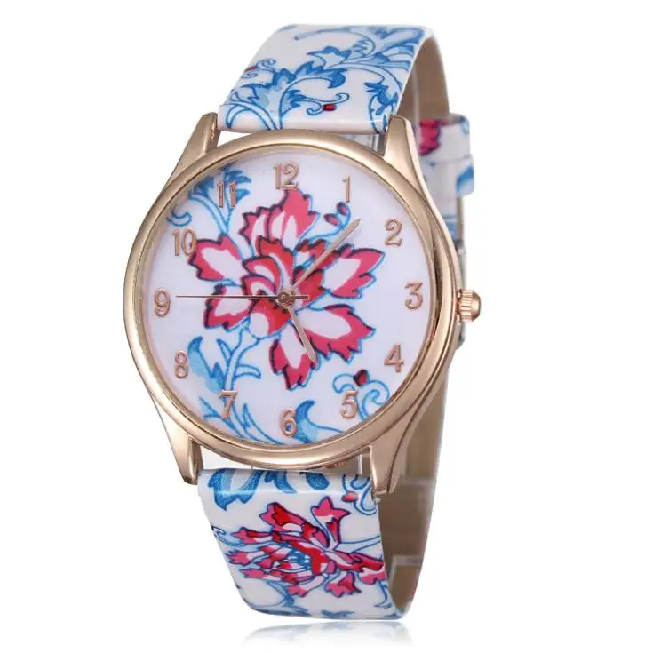 New 2014 high quality fashion quartz watches flower design dress watch rose gold plated causal women leather wristwatches