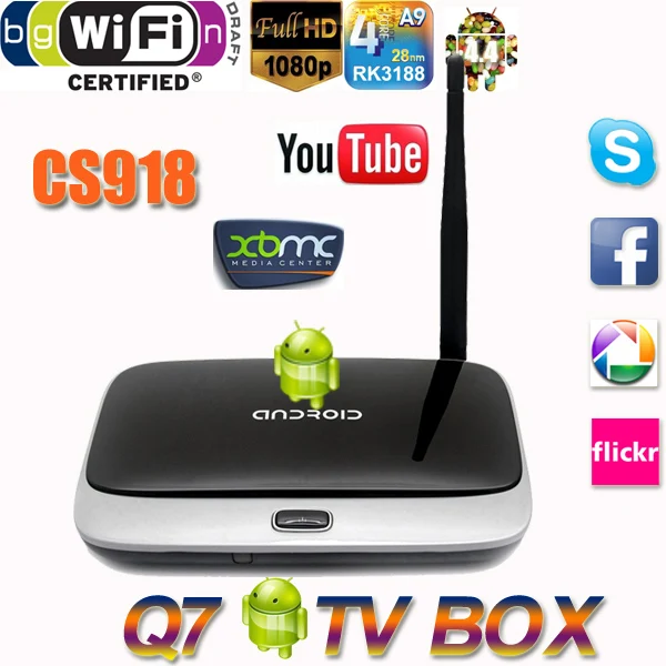 High Quality Android 4.4 TV Box Q7 CS918 Full HD 1080P RK3188T Quad Core Mini PC 1GB/8GB XBMC Wifi Antenna with Remote Control