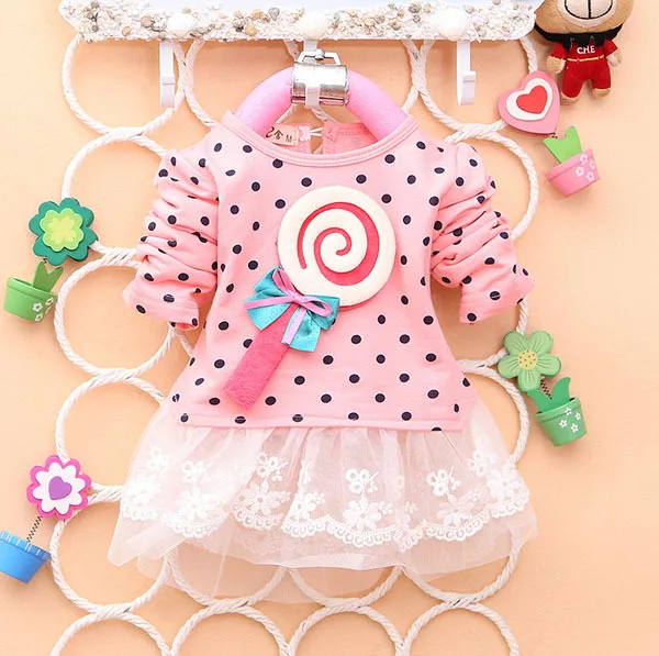 2017 Newest Autumn Spring Kids Sweater Greatly Lollipop Full Version Dot Girls T-shirt Stitching Baby Girls lace Dresses H75