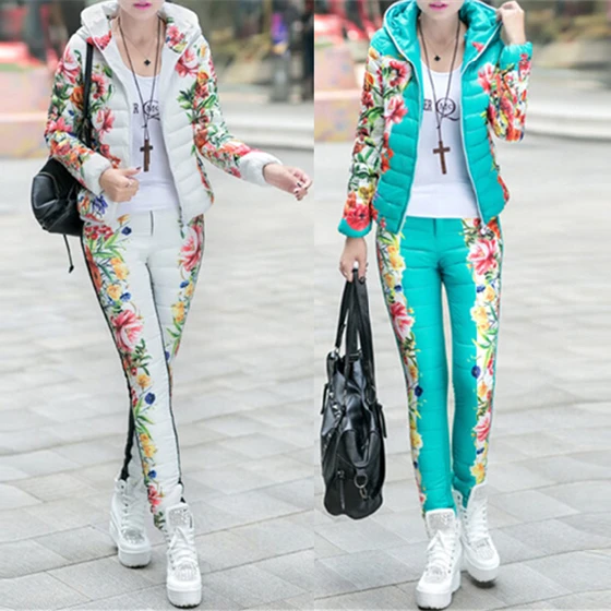 TANGNEST 2 Piece Set Women Suit Winter 2016 New Spring Autumn Plus Size Floral Printed Casual Parka (Coat+Pants) WAT270