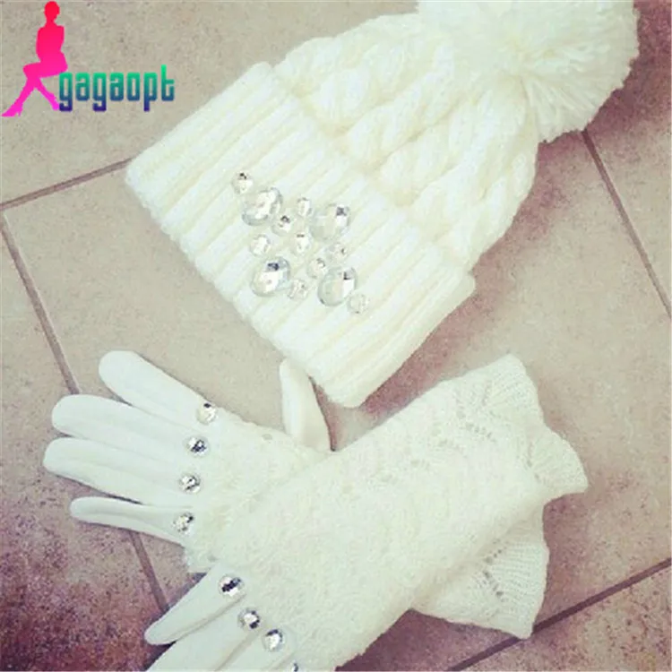 gagaopt made fashion Diamond hats and gloves& Mittens set with finger