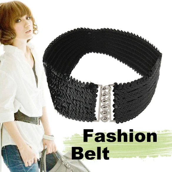 Paillette Buckle Elastic Belt Waistband Women Black V3NF