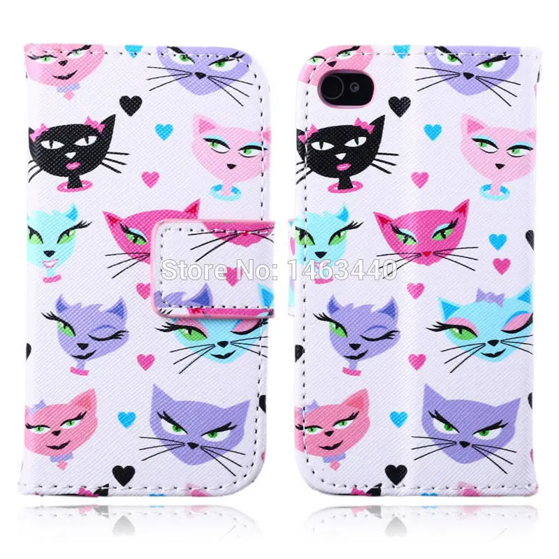 Capa For apple iPhone 4s 4 s fashion Phone cases lovely cat images Wallet PU Leather Case flip stand cover Free shipping