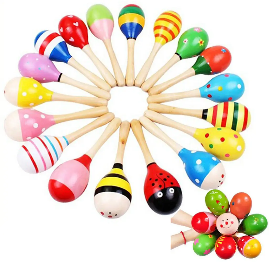 New Wooden Maraca Wood Rattles shaker Toy Musical Instrument Child Baby Kids Percussion Colorful Cute