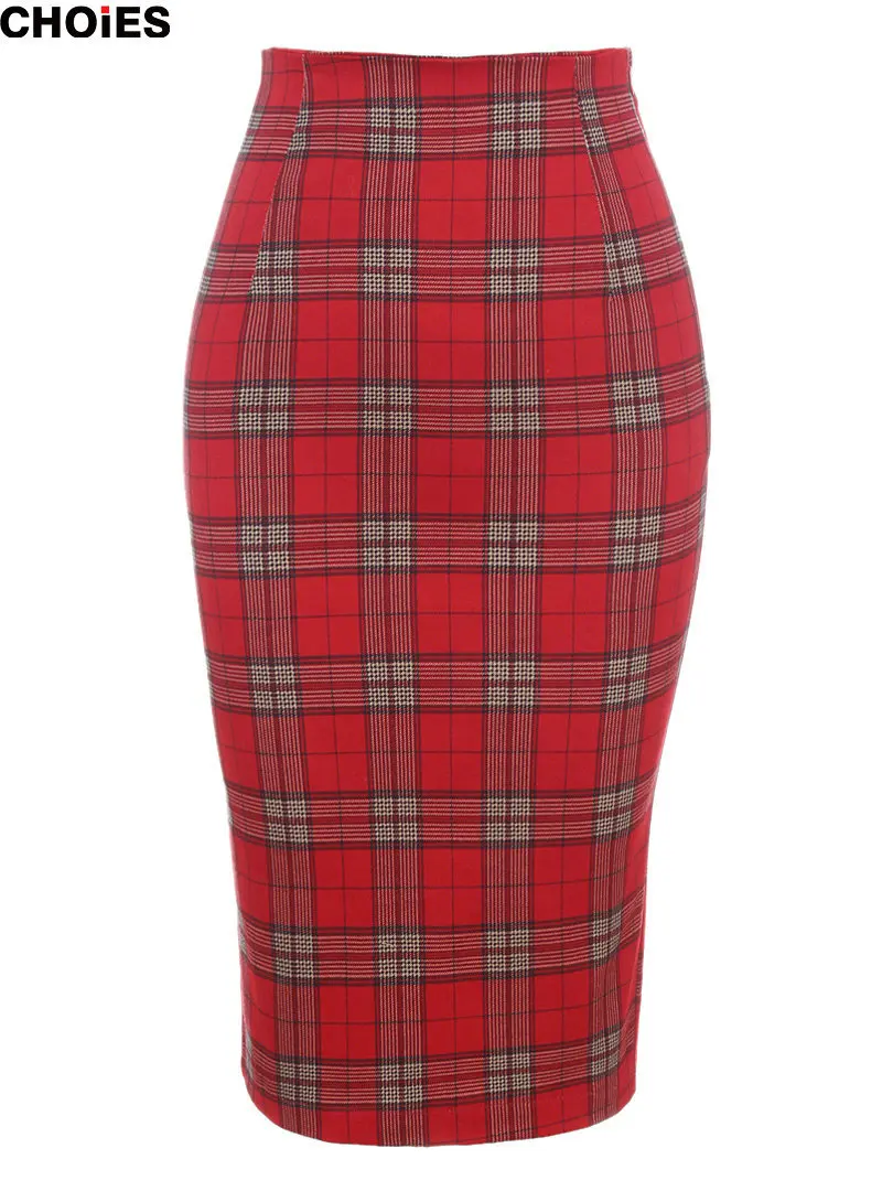 Women Classic Red Plaid High Waist Midi Pencil Skirt With Back Split 2015 Spring Hot Sale In Stock Bodycon Knee Length Clothing