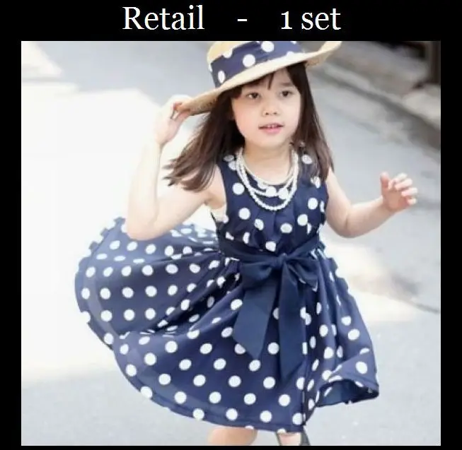 shij014 supernova sale children clothing 3~11age navy/white polka dot summer dress vintage baby girls dresses