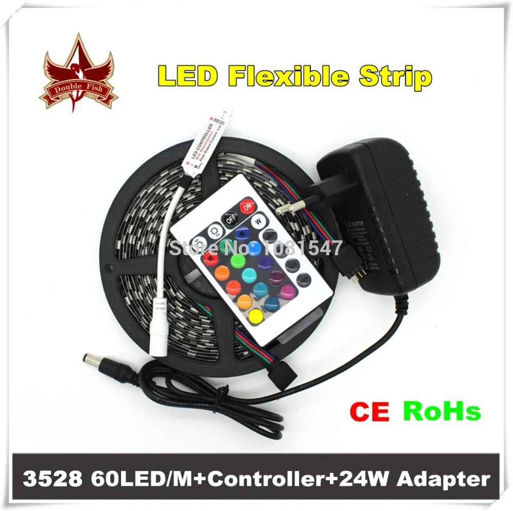 SMD3528 RGB Flexible Strip Light Non-waterproof 5M 300Led Tape Lighting With IR Remote Controller and 2A Power Adapter LED Tape
