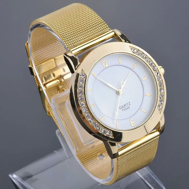 Women Dress Quartz Watches Fashion Rhinestone Golden Mesh Band Watch Woman Diamond Bracelet Watch 2014 New Clock Y20*MHM386#M5