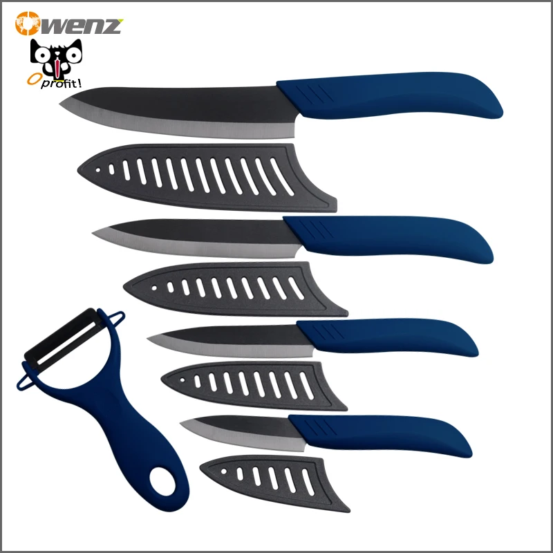 Owenz ceramic knife set black 6 inch chef 5 inch slicing 4 inch utility 3 inch paring knife kitchen knives + blue ceramic peeler