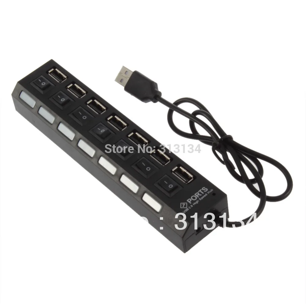 1 pcs 7 Port Slot Tap USB 2.0 Hub Adapter Splitter Power On/Off Switch LED Light Free Shipping