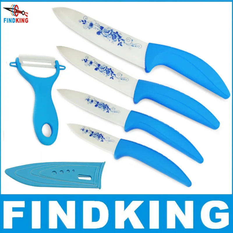 Beauty Gifts Zirconia kitchen Ceramic fruit Knife Set Kit 3" 4" 5" 6" inch with Blue Flower printed+ Peeler+Covers