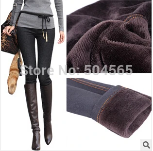 2016 Winter Jeans Pants New Women Faux Denim Pencil Pants Solid Warm Thicken Fleeces Trousers Footless Leggings Plus Size LG-171