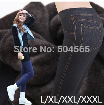 L-XXXXXL 2016 Winter Leggings Women Thicken Warm Pencil Pants Fleeces Inside Faux Denim Trousers Footless Leggings LG-173