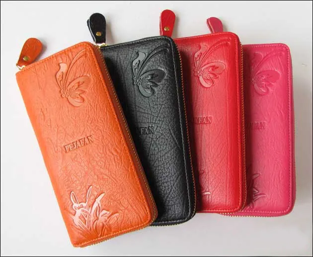 Basic Women's Genuine Leather Clutch Coin Money Clip Wristband Belt Hand Bag Wallet Embossed Zipper Around Long Purse